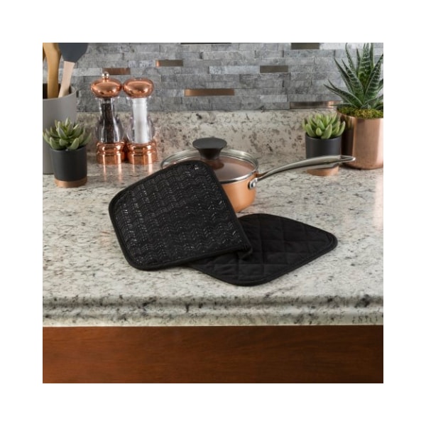 Pot Holder Set With Silicone Grip, Quilted And Heat Resistant (Set Of 2) By Hastings Home (Black)